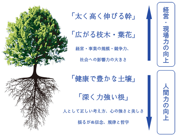 「太く高く伸びる幹」「広がる枝木・葉花」経営・事業の規模・競争力、社会への影響の大きさ